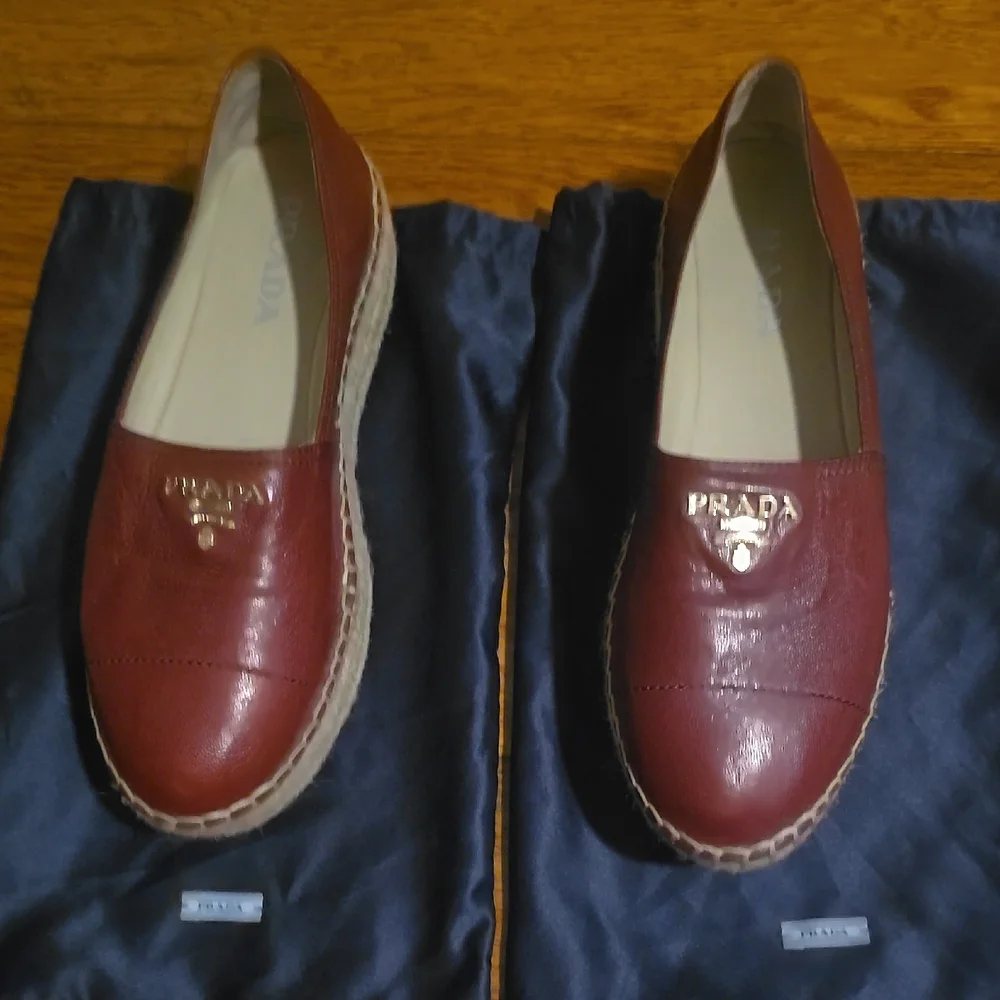 Prada Women's Deep Red Leather Espadrille Loafers